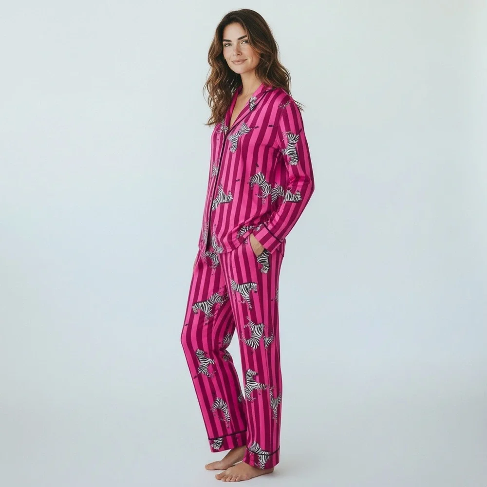 Room Service Women's Shawl Collar Pajama Set/Pink Stripe Zebra/Size: XX-Large - Picture 2 of 15